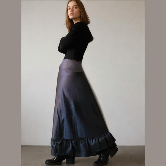 le chateau Dresses & Skirts - Vintage Satin Tiered Ruffle Hem Maxi Skirt Black Whimsigoth Goth 90s